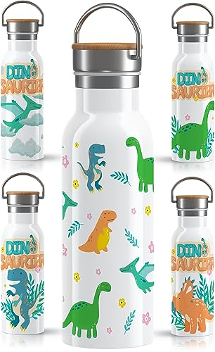 OWLBOOK Jurassic niedlich Trinkflasche Kinder Dino - Edelstahl mit Bambusdeckel - Thermosflasche 600 ml - BPA frei Auslaufsicher - Kinder Trinkflasche mit Dinosaurier für Schule Kindergarten