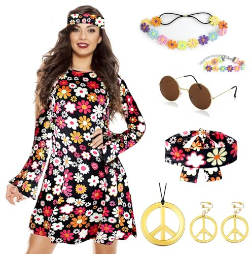 Grantop 8PCS 70er Jahre Bekleidung Damen Kleid Set, 60er Jahre Kostüm Damen, Hippie Kleidung Damen Kostüm, 60er 70er Jahre Kostüm Damen FaschingsKostüm kleid Karneval Cosplay Party