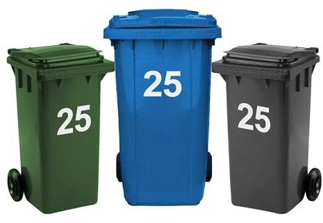Rubigo 3 x Bin Numbers for Wheelie Bins, 0-99, 17.5cm Dustbin Stickers, Easy Application Stick On Number Stickers - Weatherproof Self Adhesive Vinyl (25)