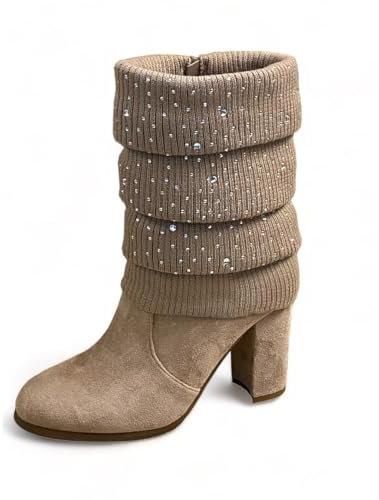 Pogolino Stivaletti da donna con tacco elegante con fibbia glitter stivali autunno inverno tacchi alti, 569 marrone chiaro, 36 EU