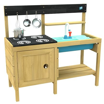 TP Toys Junior Chef Wooden Mud Kitchen With Working Tap & Sink - FSC Certified Timber. Includes A 4 Ring 'hob, An 'oven, and Splash Tub. Perfect For Sand Play, 2 Roomy Shelves Age - 3 Years +