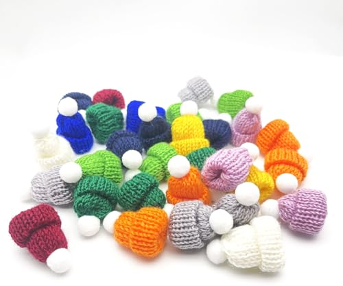 BABANI Mini Mützen Für Sorgenwürmchen Mini Mützchen Basteln Strickmützen Zum Weihnachtsmützen Puppen Hut Zum Kleine Weihnachten Basteldekoration Gestrickt Ornamente (mit Ball,100 Stück)