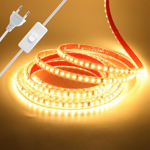Wisada Anschluss an AC220-240V LED Streifen Selbstklebend mit ON/OFF Schalter, 1M 120LEDs/m 2835 SMD Flexible Superhell LED Band (Schnitt alle 10cm), IP65 Warmweiß LED Leuchtband für Weihnachten