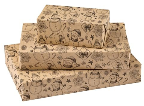 RUSPEPA Rouleau De Papier D'emballage De Noël Kraft - 43,2 Cm X 10 M - Mini Rouleau - Conception De Bonhomme De Neige Noir pour Emballage Cadeau De Vacances