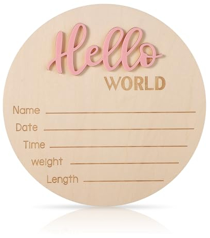 Tarjetas de Hitos Bebe, 15cm Letrero de Madera de Hello World Tarjetas de Hitos Mensuales Bebe para Niños y Niñas Recién Nacidos Accesorios para Fotos Baby Shower Guardería (Rosa Claro)
