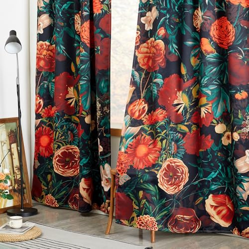 Boho-Vintage-Schlafzimmer-Vorhänge, stimmungsvolles, schwarzes Blumenmuster, Verdunkelungsvorhänge, 213 cm Länge, 2 Paneele, Nachtgarten, bunte Blumen, niedliches Landhaus, Fenstervorhang für