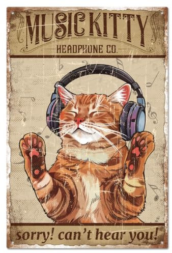 GLOBLELAND Vintage Music Kitty Metal Tin Sign 8×12inch Retro Cat Tin Room Door Sign Tin Painting Art Plaque Poster Wall Decor for Home Pubs Club Decoration