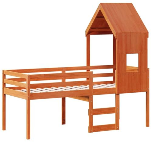 vidaXL Hochbett, Kinderbett mit Dach Leiter Sperrholzlatten, Spielbett für Kinderzimmer, Bett Holzbett Einzelbett, Wachsbraun 90x200cm Massivholz Kiefer