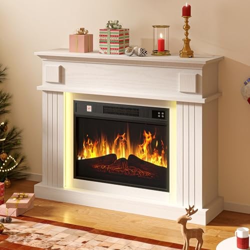DWVO Electric Fireplace, Suite 23 and Realistic Flame Effect Fire, Electric Fire and Surround Reach up to 30㎡ Space, White Electric Fire with Programmable Timer and LED Light Strip, 100x26x80.5CM