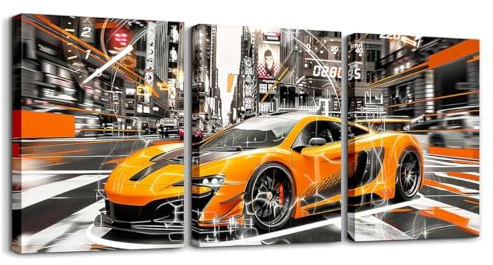 Loussiesd Geschwindigkeit Sportwagen 3er Poster Set für Wohnzimmer Rennen Auto Büro Wandbilder für Extreme Sport Auto Bad Leinwandbilder Automobil Racing Car Orange Grau