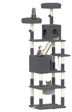 Dogat 208cm Large Cat Tree, XXL Tall Cat Tree Tower for Indoor, Anti-tip Cat Climbing Frame with 3 Removable Reinforced Clips, Condo and Hammock, for Large and Small Cats, Dark Grey