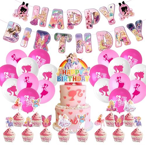 Bar-bie Birthday Party Decorations, Princess Balloons Happy Birthday Banner Cake Topper Cupcake Toppers Party Supplies for Girls Princess Theme Decoration