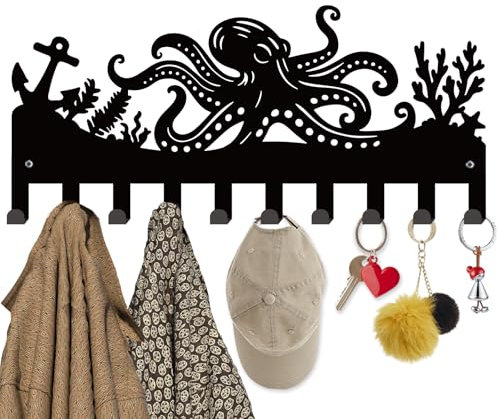 INFUNLY Octopus Black Metal Key Holder for Wall 9.84×4.45 Ocean Theme Key Holder Wall Mount Octopus Key Holders Rack with 10 Hooks Key Organizer Rack Hanger for Home Entryway Key Bag Umbrella Wallet