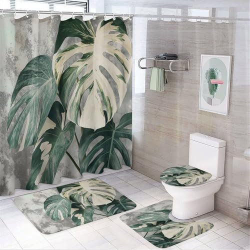 CAEITLRSO Cortina de Ducha Verde Blanco Monstera 180cm X 180cm, Alfombra de baño Antideslizante de Gris Vintage Textura Juego de 4 Piezas, Cortinas de Ducha Impermeables Decora tu baño 180cm X 180cm