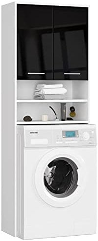 AKORD Armario para lavadora, armario de baño, cómoda, armario para lavadora, 64 x 180 x 30 cm, peso 30 kg, armario convertible con 2 puertas, 2 estantes, color blanco y negro brillante