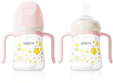 Oberni Toddler Sippy Cup, Weighted Straw Baby Drinking Water Bottle with Valved Spout for 6+ Months, 300ml/Pink/2Pack
