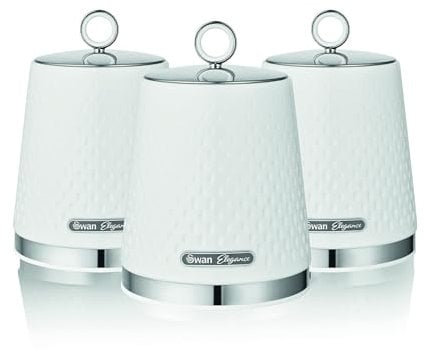 SWAN Elegance SWKA18533WHT Set of 3 Kitchen Storage Canisters for Tea, Coffee, and Sugar with Textured Gloss Finish and Stainless Steel Accents, 1.3L, White