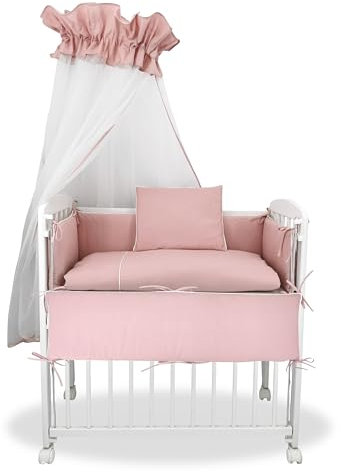Baby Delux Beistellbett Set Babybett Komplett Set Stubenwagen weiß 90x40 mobil mit Rädern inkl. Bettwäsche Matratze (Royal rosa)