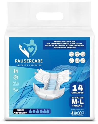 PAUSERCARE Pañales Adulto Unisex | Super Absorbentes Para Incontinencia | Hombres & Mujeres | 14 Unidades Desechables | Máxima Absorción Día y Noche | TALLA (M-L)