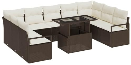 vidaXL 10-teiliges Garten-Sofaset mit Kissen in Braun aus Poly Rattan – wetterfestes, modulares Patio-Möbel für 6 Personen, perfekt für die Terrasse. Moderne geflochtene Stühle zum Entspannen.