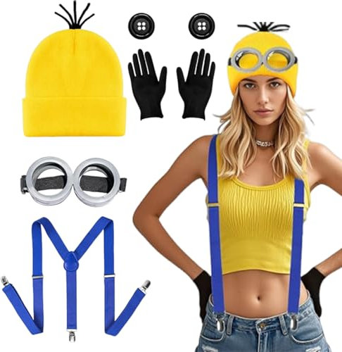 AXERHK Costume de cosplay, 5 pièces, avec bonnet, lunettes, gants, boutons et bretelles, pour Halloween et carnaval pour enfant