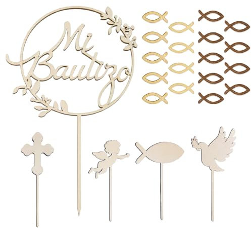 XFSRG Cake Topper de Madera Mi Bautizo Set Decoracion Tarta con Topper Circular 4 Símbolos Religiosos y 18 Peces para Comunión y Cumpleaños DIY (A)