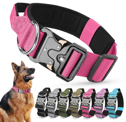 Ledeak Collier Tactique Chien avec Poignée, Colliers Réglable pour Chiens, Boucle en Métal à Déclenchement Rapide Chien Rembourré Tactical Dog Collar (Rose Red, M)