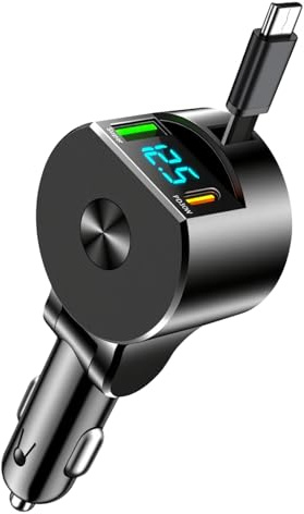 Caricatore Auto Accendisigari Retrattile 3 in 1 75W con Cavo USB C Retrattile e Porta USB-A, Carica Cellulare per Auto Rapido PD 30W QC3.0, Compatibile con i-Phone 16/15/14, Sam-sung, Huawei, Xiaomi,
