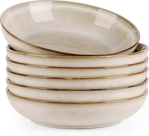 GBhome Steingut Suppenteller 22cm, Tiefe Teller Set Für 6 Pers. Kratzfeste Pasta Teller Tief Groß Für Spülmaschine, Mikrowelle,Cappuccino