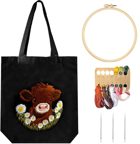 FSSODWT Sticken Set Canvas Tragetasche mit Highland Kuh Muster für Anfänger | Vorgedrucktes Muster, Mit Stickrahmen, Garn und Nadel enthalten, DIY Stickerei, Für Erwachsene