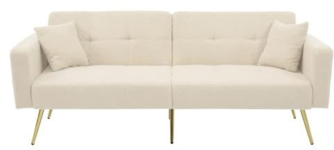 NuvlaGu Sofa Mit Schlaffunktion, Klappsofa Sofa 3 Sitzer, Schlafsofa 175x64cm,Gold Metallfüßen & Seitentaschen – Kompaktes Schlafcouchtagebett für Wohnzimmer, Zimmer (Beige + Foam + 2 Seat)