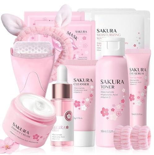 Kit per la Cura della Pelle Sakura 12 Pezzi,include Detergente, Tonico, Crema Viso, Maschera, Siero e Crema per Gli Occhi,Accessori,Set Skincare Viso Completo per Ragazze e Donne