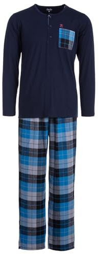 Henry Terre Herren Pyjama Carlo mit Karo Muster Langarm Schlafanzug Baumwolle Brusttasche M-3XL