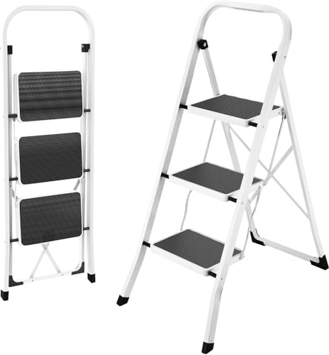 HBTower Trittleiter 3 Stufen klappbar, Trittleiter mit Anti-Rutsch-Pedal, Tragbare Robuste Tritthocker mit Handläufen, Perfekt für Küche & Haushalt, 150kg Kapazität, Weiß