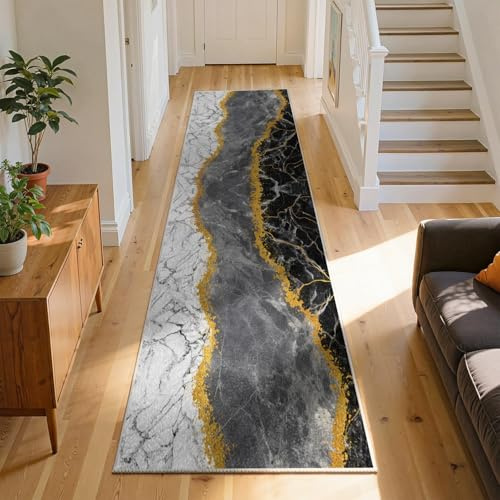 RICAUOU Moderner Abstrakter Läufer für Flur, 60x150cm Luxuriöser Flurläufer in Schwarz Grau Gold Marmoroptik, Rutschfester, Waschbarer Lang Teppich für Eingangsbereich, Küche, Zeitgenössisches Design