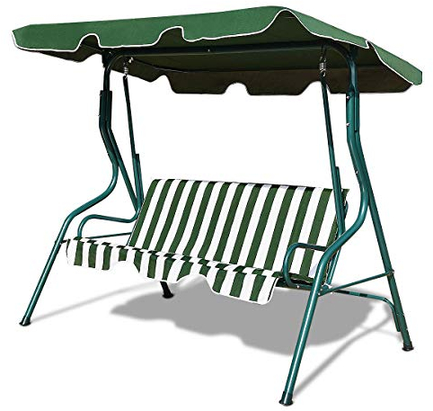 COSTWAY 3 Seater Garden Swing Chair, Outdoor Indoor Canopy Powder Coated Steel Cushioned Seaters, Patio Metal Hammock Swinging Bench Lounger Seat, 210KG (Green)