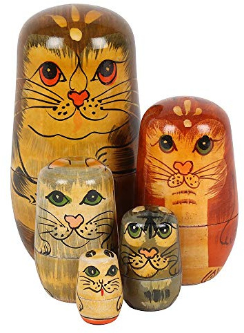 Something Different Einzigartige handbemalte russische Katzenpuppe – 12 x 6,5 cm (5er-Set) – auffällige Dekoration für Zuhause – perfekt für Katzenliebhaber