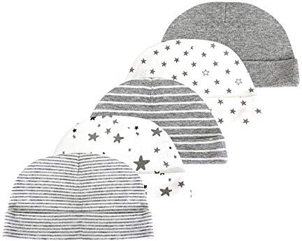 Kiddiezoom Mütze für Babys, Jungen, Mädchen, weiche Baumwolle 5er-Pack graue Hüte, M