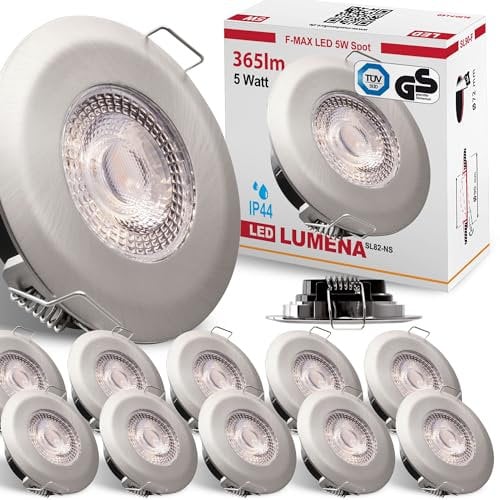 max K O M F O R T 12x LED Bad Einbaustrahler IP44 Ultraflach 5 Watt Edelstahl-Optik 230V Rund warmweiß Deckenstrahler Spot Deckenspot Lumena