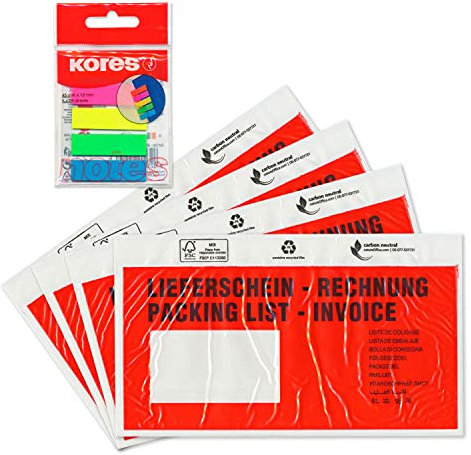 WPTrading - 1.000 x Lieferscheintaschen 230 x 110 mm in DIN-LANG Rot Lieferschein/Rechnung inkl. 125 Page-Marker in 5 Farben - Dokumenten-Taschen selbstklebend - Begleitpapiertaschen für Versand