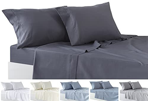 Todocama – Juego de Sábanas de 4 Piezas – Sábana Bajera Ajustable – Encimera - Dos Fundas de Almohada de 50x80cm. (Cama 135-135x190/200 cm, Gris Oscuro)