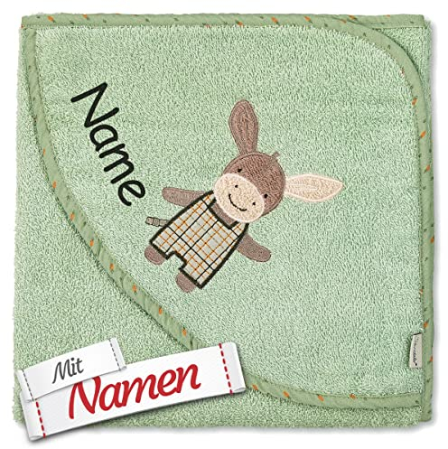 Sterntaler Kapuzenhandtuch Esel Emmily & Emmilius mit Namen bestickt für Baby & Kinder, Frottee Badetuch Badehandtuch/Kinder-Badetuch mit Kapuze personalisiert, 100x100 Unisex
