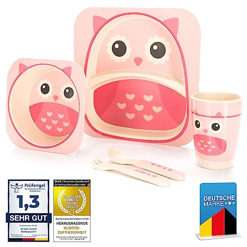 all Kids United® Kindergeschirr-Set aus Kunststoff; 5-teiliges Mehrweg Geschirr-Set mit Tier-Motive; Becher, Schüssel, Teller, Löffel & Gabel für Kinder (Eule)