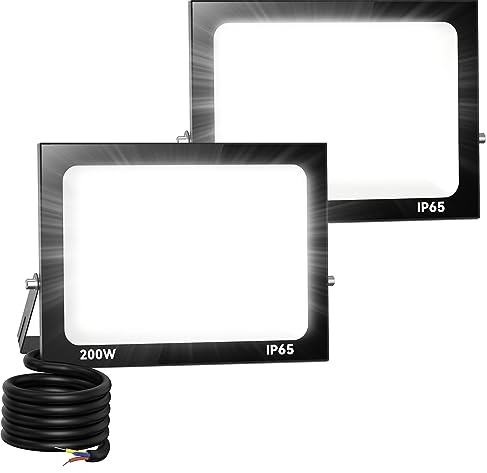 2x 200W LED Foco Exterior, IP66 Impermeable Proyector Foco LED, 6000K Blanco frío Floodlight Led Foco Proyector,100% Iluminación de Seguridad, para Jardín, Patio Pared,Patio, Camino