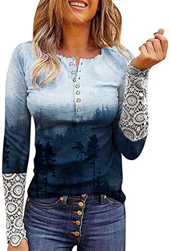 Générique Tunique à Manches Chemise Chemisier Devant Chemise en Dentelle pour Femmes Hauts Bouton col Rond Chemisier Femmes Spatule Maquillage (Blue, XXL)