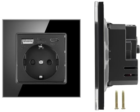 CHEVVY Presa Elettrica a Muro 16A, Presa da incasso USB in nero 1 presa a muro singola USB e 1 di tipo C con cornice in vetro