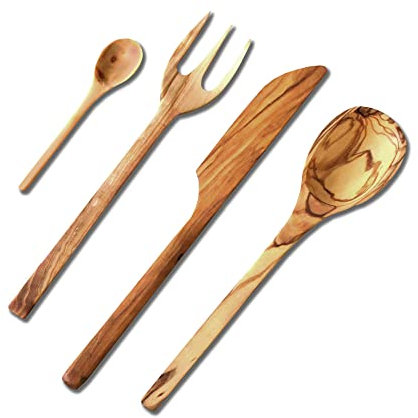 NATUREHOME Juego de cubiertos rústicos de madera de olivo: cuchillo, tenedor, cuchara grande, cuchara pequeña