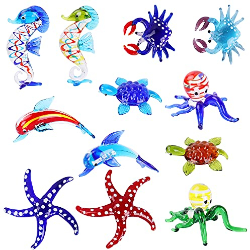 Sujeetec Kristallglas Meerestiere Figuren mundgeblasen Miniaturtiere Kunst Glas Sammlung Ornament Geschenk Set von 6 Paar
