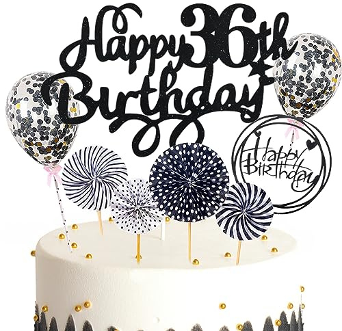Feelairy Décoration de Gâteau Anniversaire 36 ans Femme Homme, Noir Or Deco Gâteau Anniversaire 36 ans Décoration Cake Topper Happy Birthday Ballon Confetti pour Fête 36 Anniversaire Homme Femme
