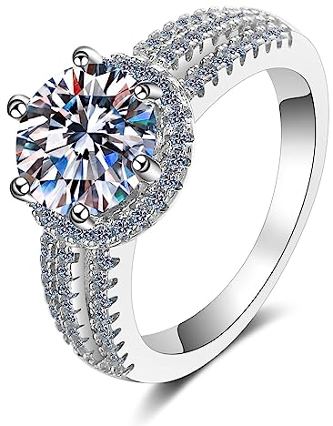 Whoiy Ring Frauen, Silberring Frauen 925 Silber Sechs Klauen Runde Größe 56 (17.8) 2ct Moissanit Modische Geschenkringe für Damen